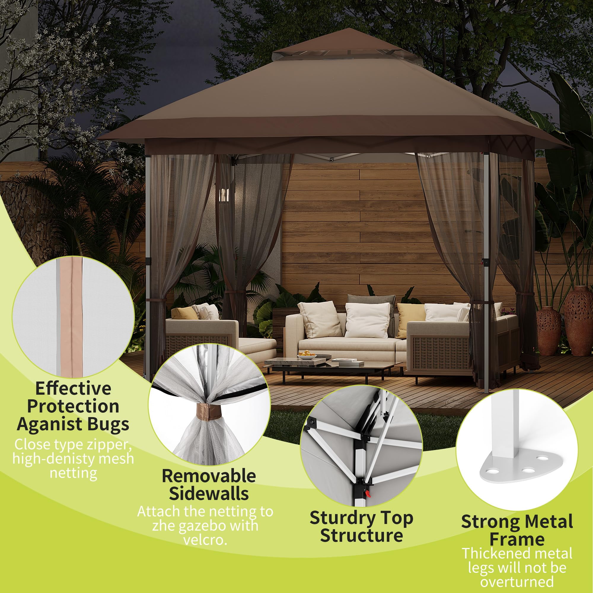 Kojooin 10x10 Pop Up Gazebo, Outdoor Canopy Tent with Mosquito Netting, Pop Up Canopy Tent with Curtains/Adjustable Height/Wheeled Carrying Bag for Patio Garden Backyard Lawn