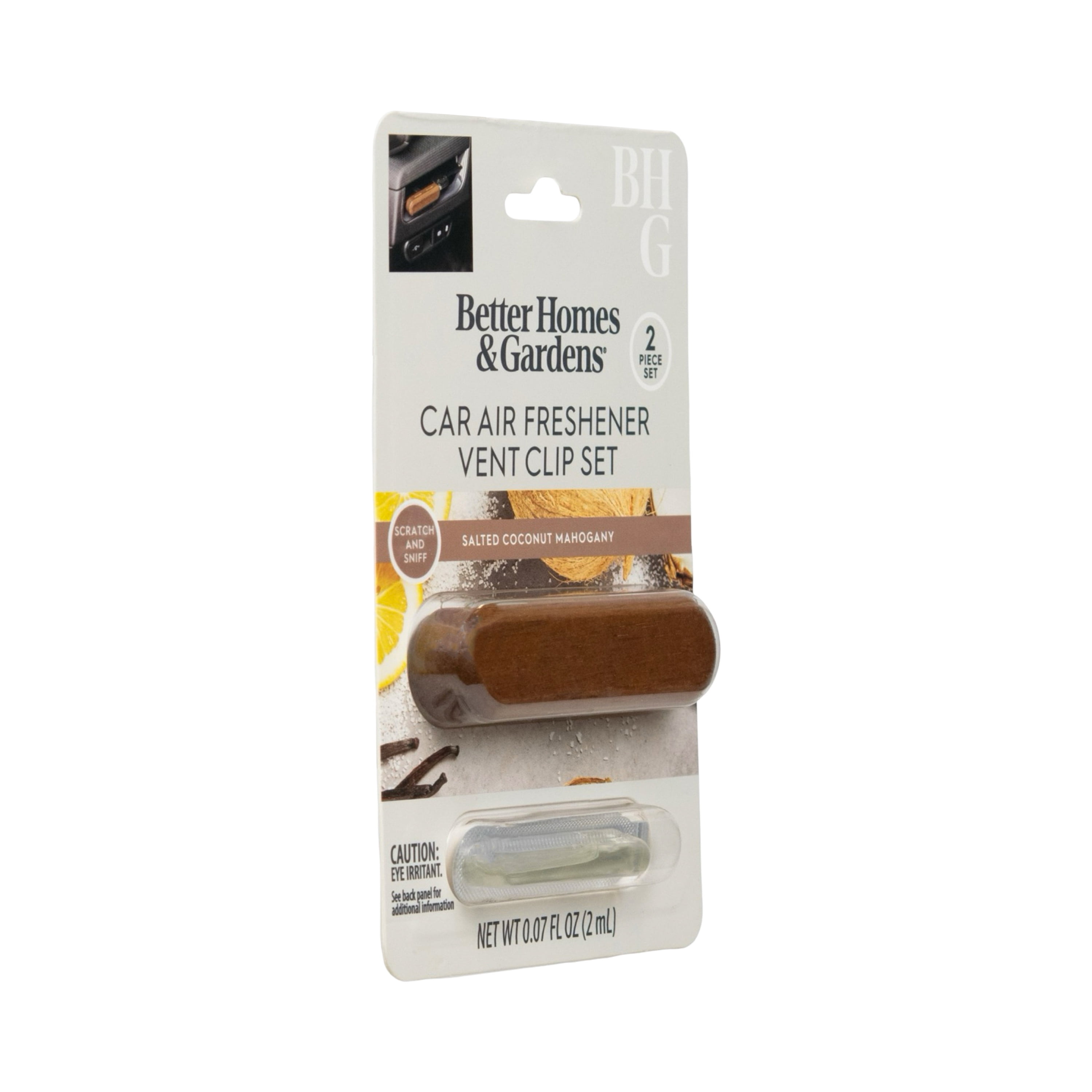 Better Homes & Gardens Salted Coconut Mahogany Scented Car Vent Diffuser Set, 2 ml