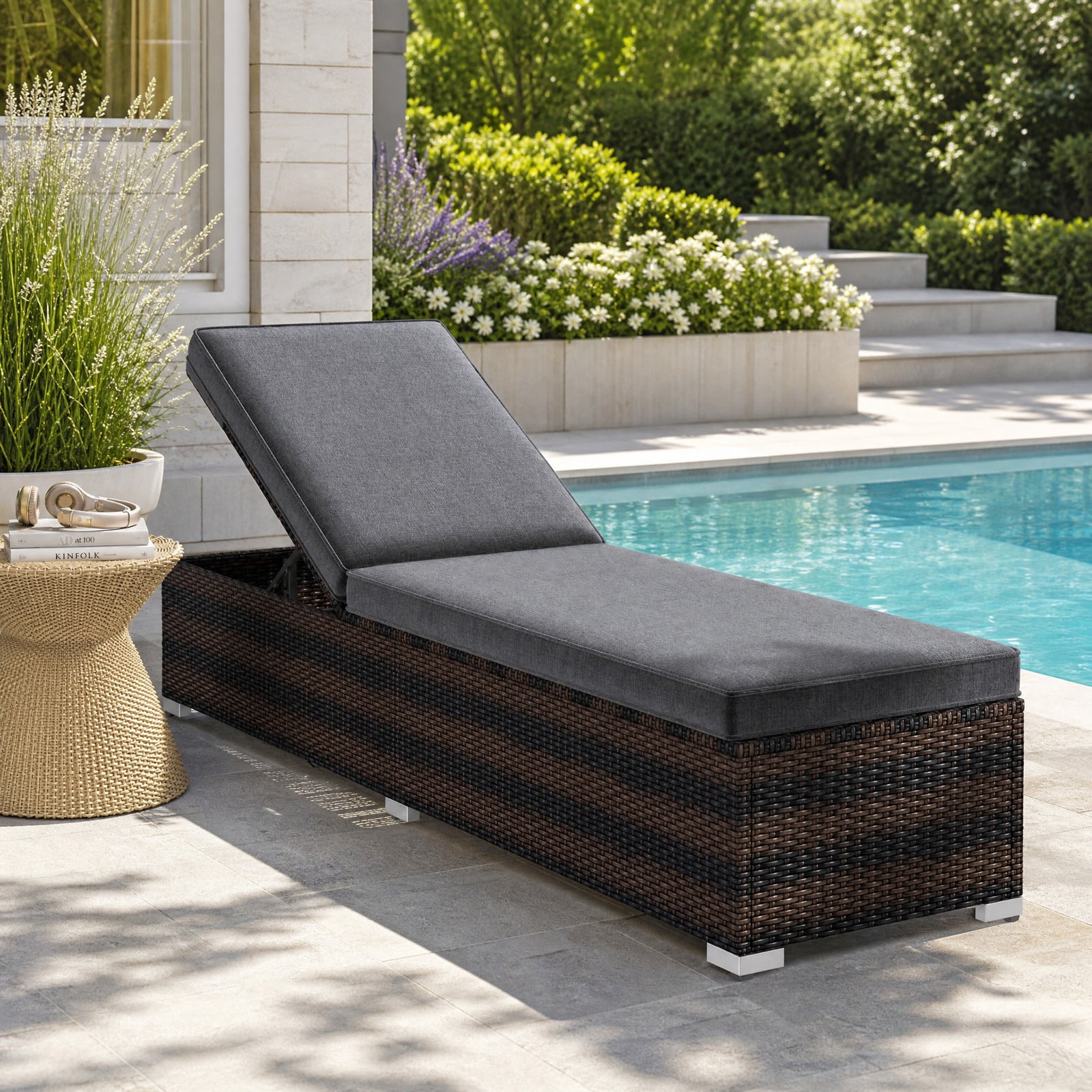 Furnibear Patio Wicker Lounge Chair with 4 Level Adjustable Backrest Long Seat Cushion PE Rattan Weave and Metal Frame for Poolside, Brown