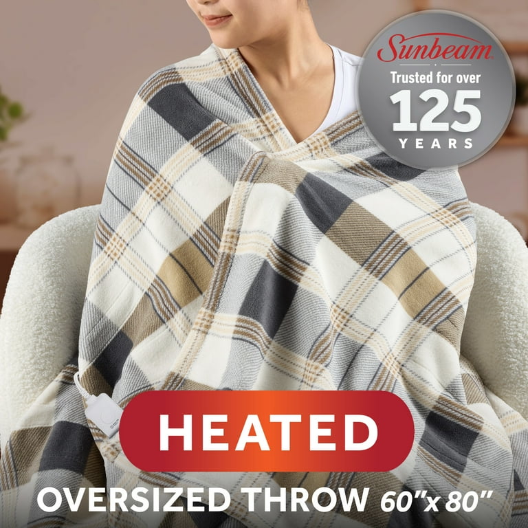 Sunbeam Electric Heated Throw Blanket Neutral Plaid Super Soft
