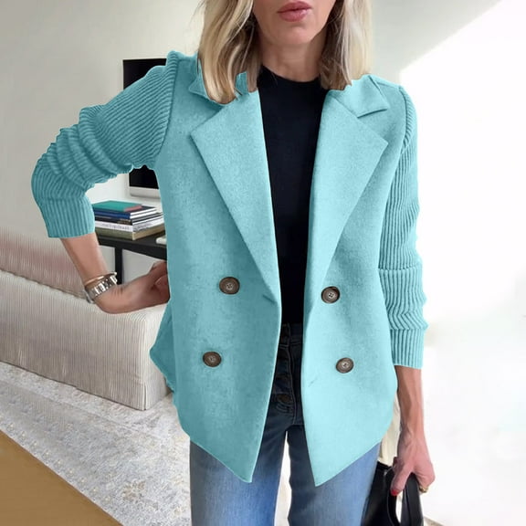 Clearance! Ogiraw Blazers For Women Business Casual Women's Lapel Button Knitted Patchwork Sleeve Casual Coat Cropped Double Breasted Suit Sweater For Women Women'S Blazers & Suit Jackets Light Blue