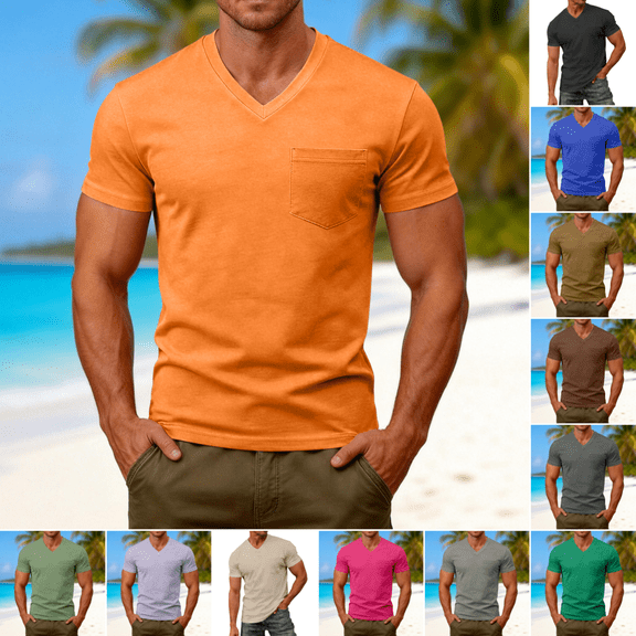V Neck T Shirts for Men Casual Fashion Short Sleeve T-Shirt Summer Lightweight Breathable Classic Fit Beach T-Shirts with Pocket Orange 2XL