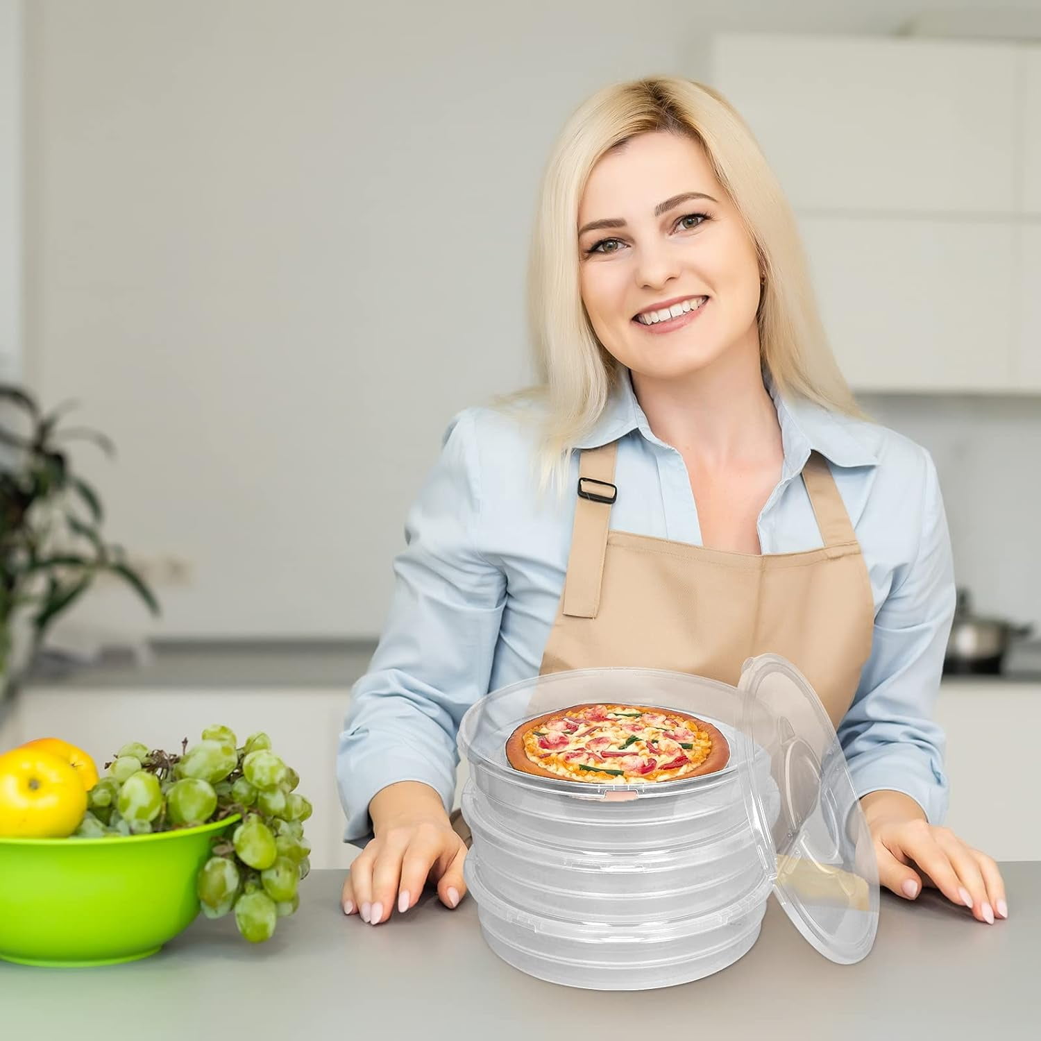 3 Pcs 12 Inch Pie Carrier with Lid and Handle, 2 Compartments Food Storage Container Round Pizza Holder Reusable Pizza Keeper for Egg Cheese Tortilla Pastry Cakes Desserts