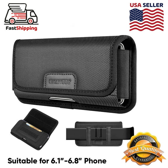 Universal Horizontal Nylon Pouch Cell Phone Case Holster with Credit Card Slot, Belt Clip Loop (6.1-6.8")