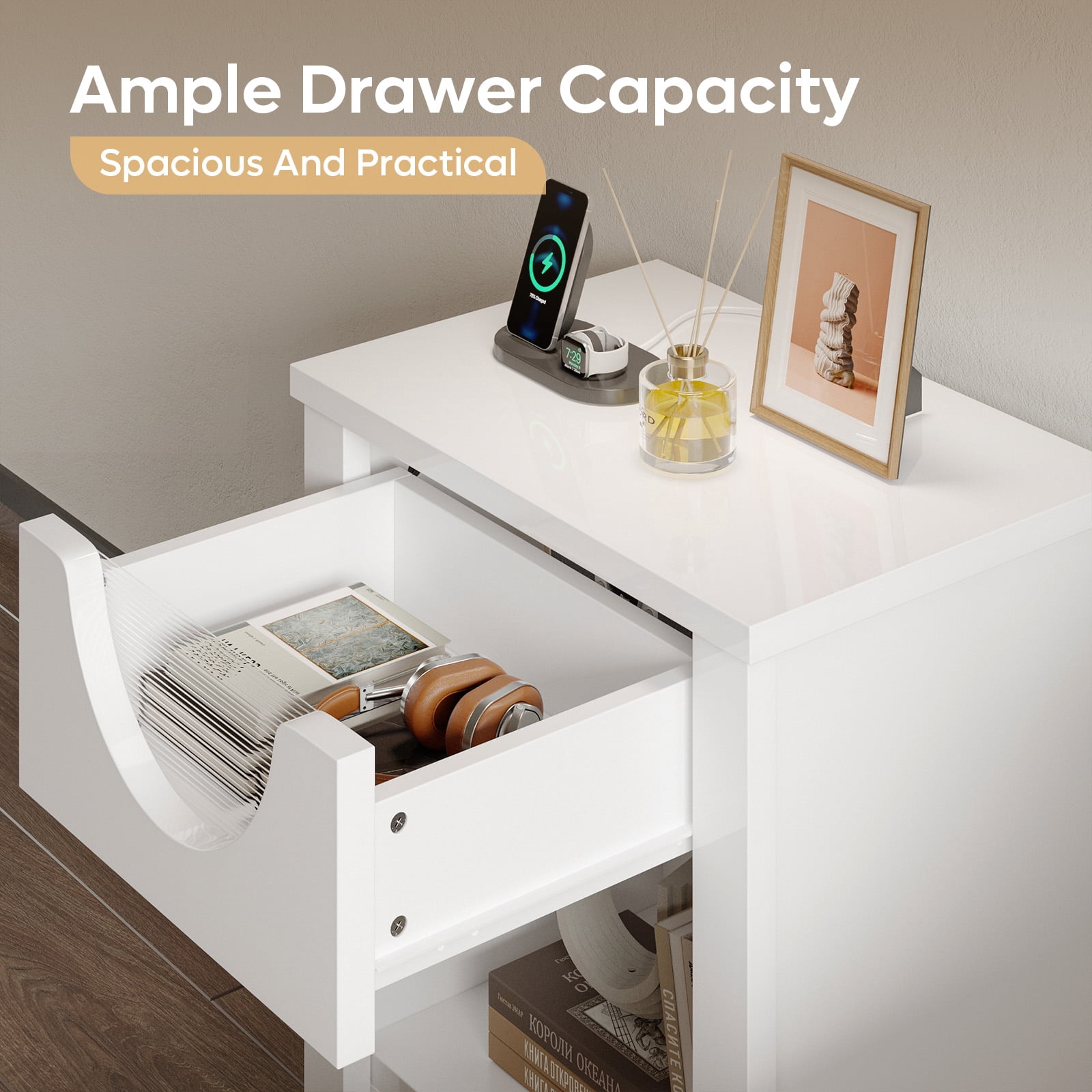 Bestier Modern White Nightstand with Charging Station, LED Light, Drawer – Bedroom & Living Room End Table