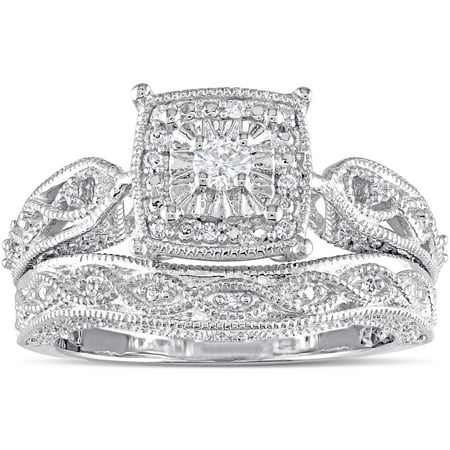 - Miadora Sterling Silver 1/5ct TDW Diamond Milgrain Engagement Ring Set