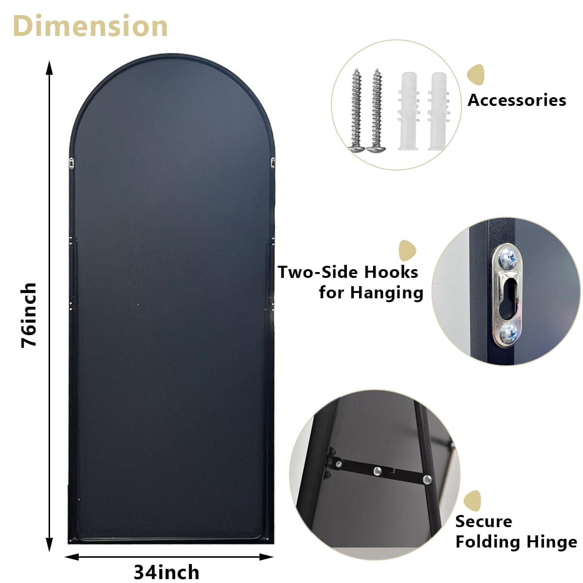 Anyrose 76"x34" Arched Large Full Length Mirror Floor Mirrors Wall Mounted,Black