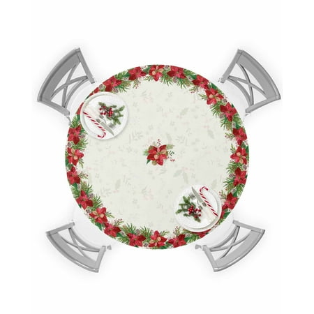 

Round Tablecloth with Elastic Christmas Poinsettia with Xmas Pine Tree Waterproof Stain-proof Table Cover Wipeable Fitted Table Cloths for 36 -44 Round Tables Dining Kitchen Indoor Outdoor Use