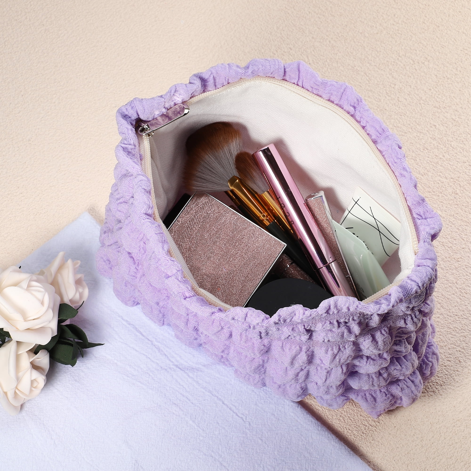 Unique Bargains Bubble Cloud Cosmetic Bag Zipper Checkered Makeup Bags Lipsticks Purple