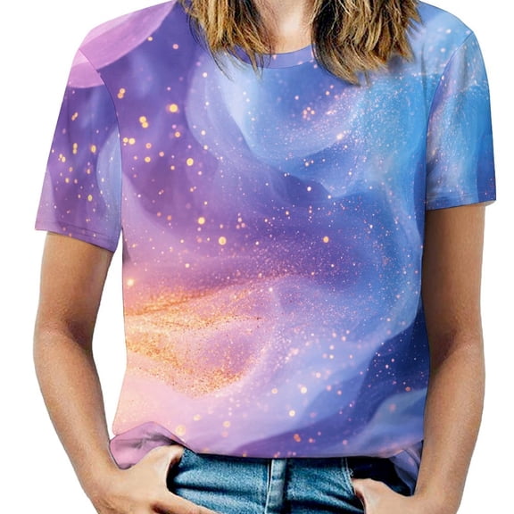 Purple Blue And Gold Wave Women's Short Sleeve T-Shirt Crew Neck Casual Summer Trendy Loose Fit Tops