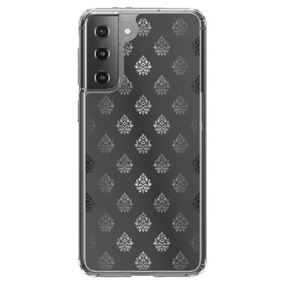 DistinctInk Clear Shockproof Hybrid Case for Galaxy S21 5G (6.2" Screen) - TPU Bumper, Acrylic Back, Tempered Glass Screen Protector - Silver Grey Black White Damask - Floral Damask