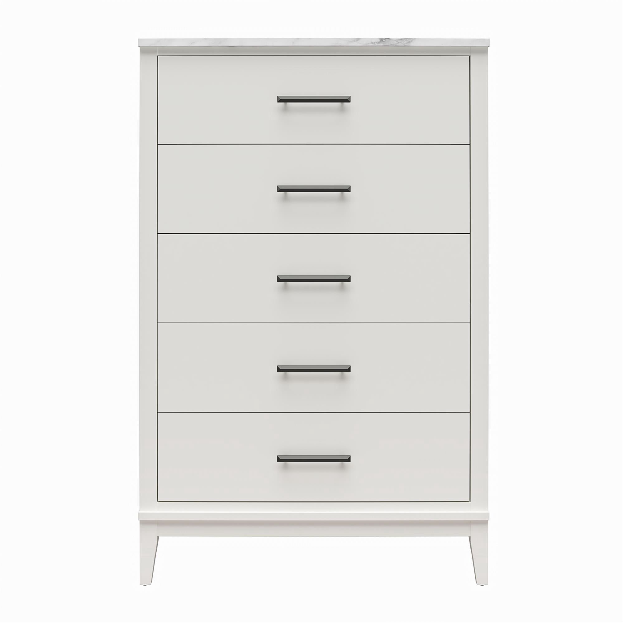 Ameriwood Home Amberleigh Tall 5 Drawer Dresser, White w/ White Faux Marble Top