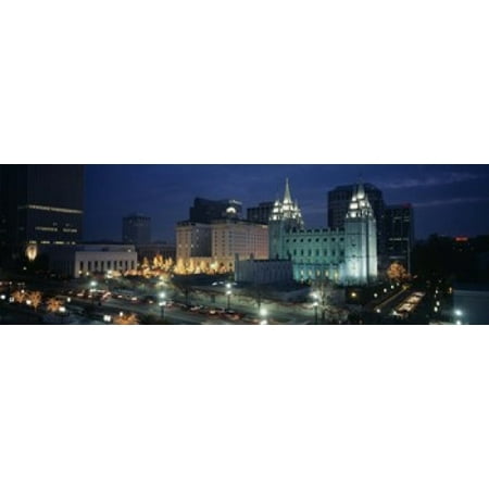 Temple lit up at night Mormon Temple Salt Lake City Utah USA Canvas Art - Panoramic Images (18 x