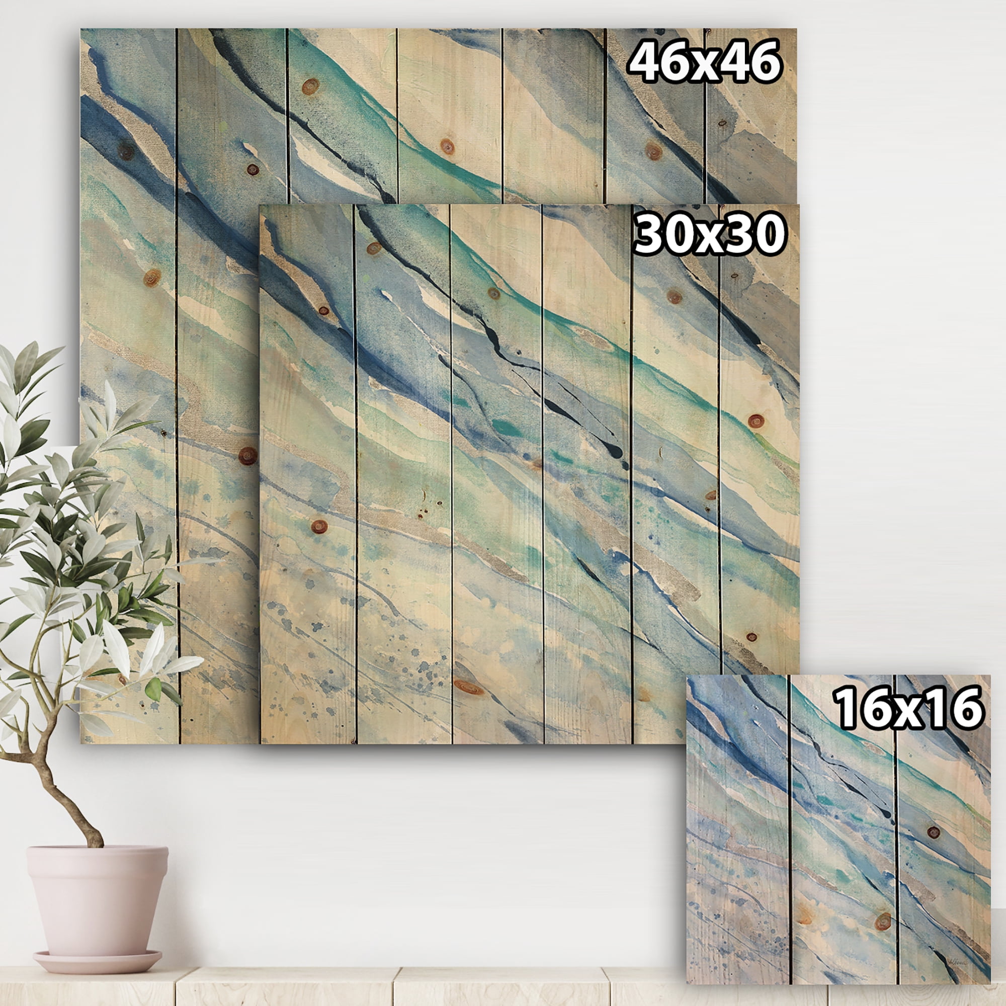 Designart 'Fractal Blue Silver Spring I' Modern Lake House Print on Natural Pine Wood