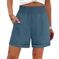 thumbnail image 2 of oelaio Summer Shorts for Women Smocked Elastic Waist Wide Leg Shorts Cotton Linen Lounge Beach Shorts with Pockets Light Blue S, 2 of 7