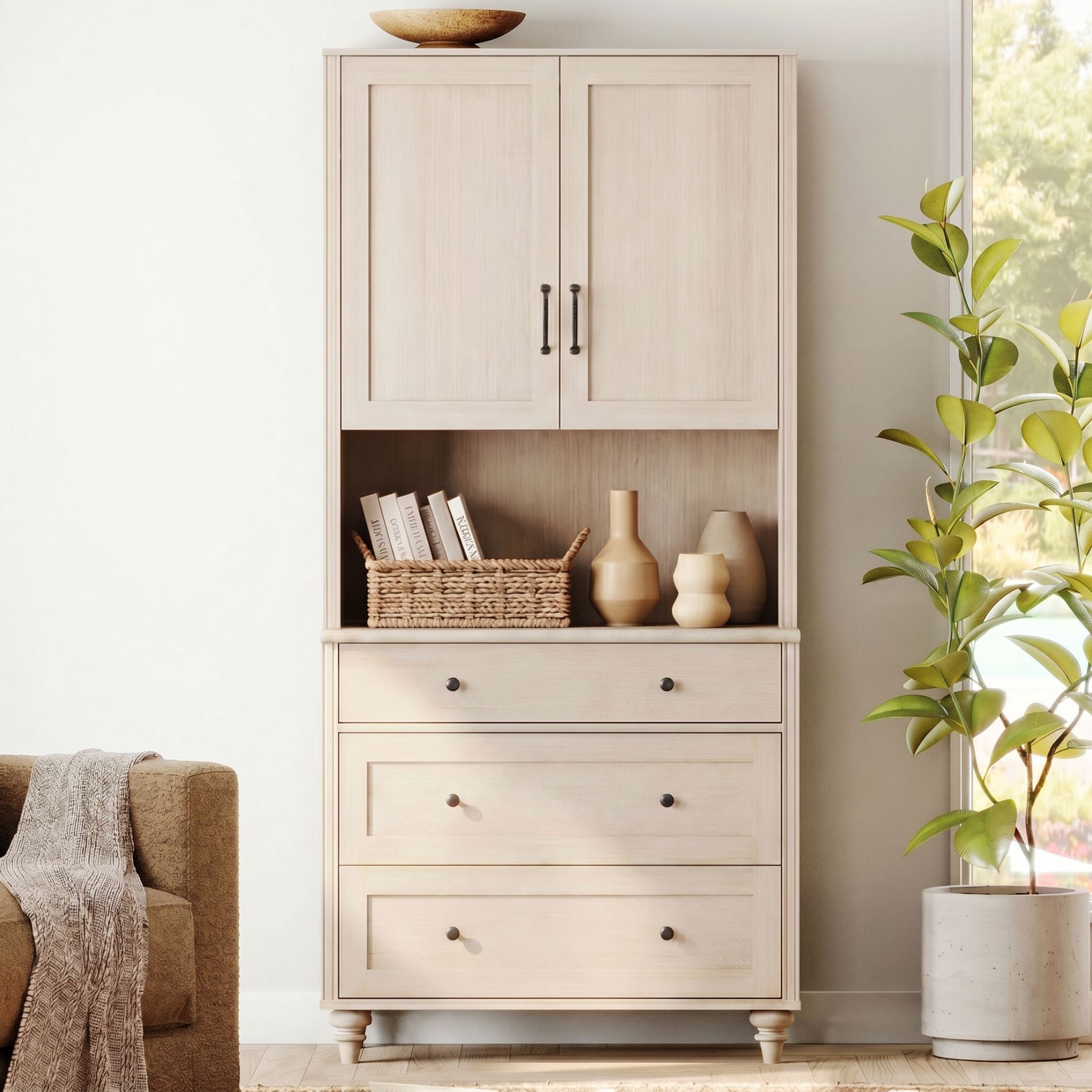 72"H × 34"W Modern Farmhouse Wooden Library Bookcase with Wood Doors & 3 Drawers, Freestanding Storage Bookshelf for Living Room, Office & Study Room, Beige