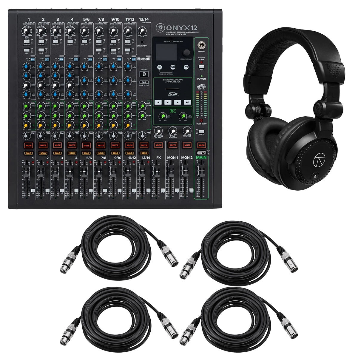 Mackie Onyx 12-Channel Premium Analog Mixer with Multi-Track USB, Bundle with TAPH100 Headphones and 4x 50' XLR Microphone Cable