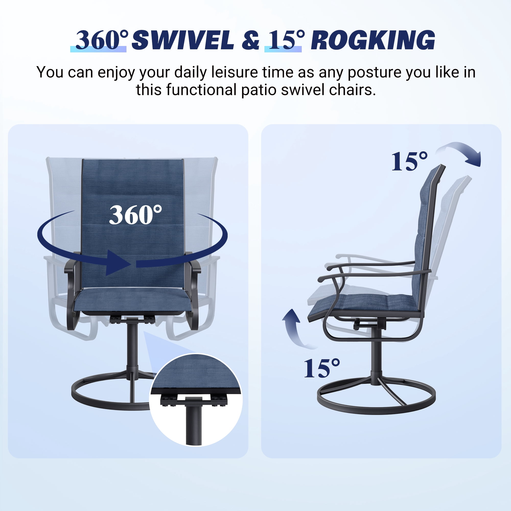Techmilly Patio Swivel Chairs Set of 2, Outdoor Dining Chairs High Back Padded All Weather Breathable Textilene Outdoor Swivel Chairs with Metal Rocking Frame for Lawn Garden Backyard Deck, Navy Blue