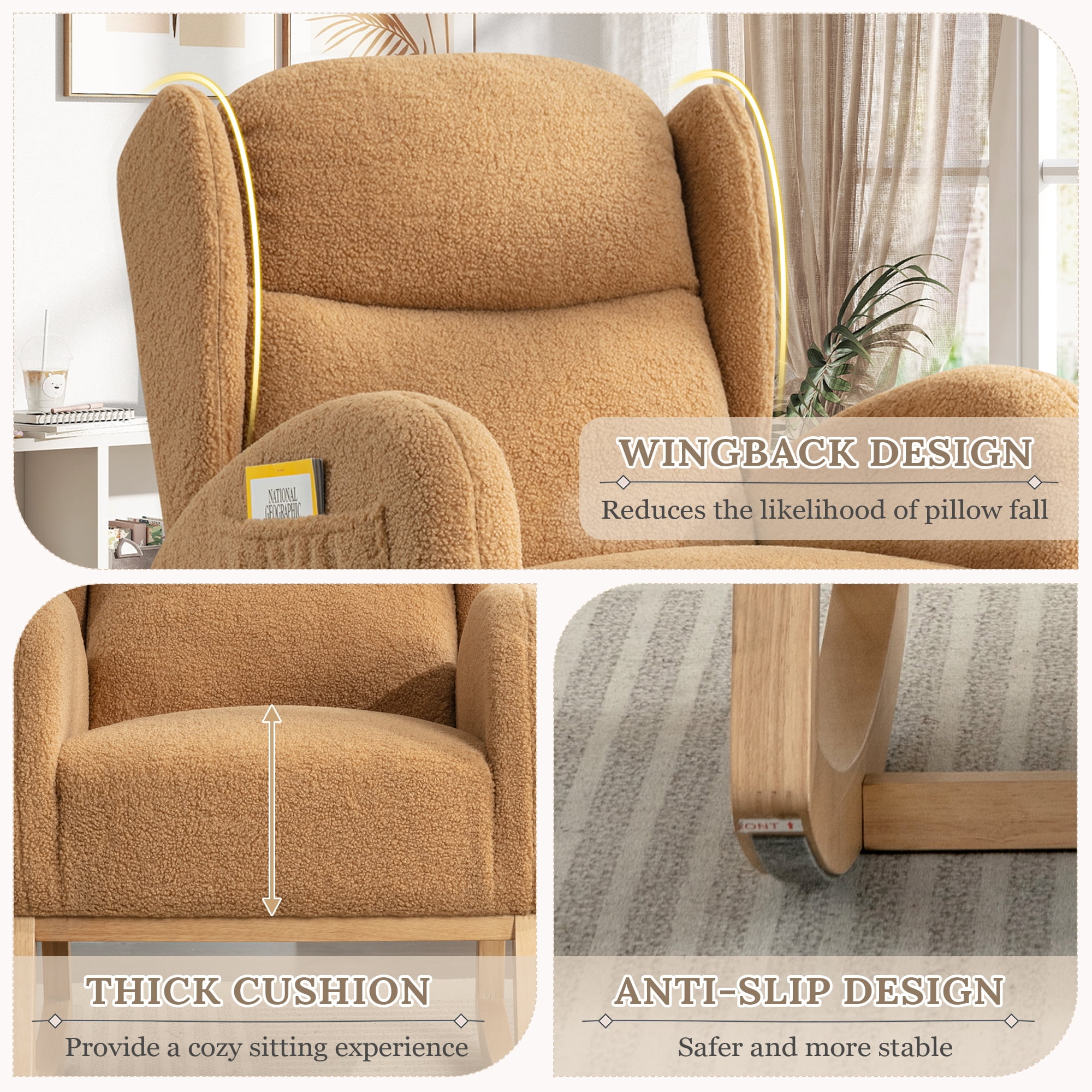 Muumblus Nursery Rocking Chair, Wingback Glider Rocker, Indoor Uphlostered Rocking Chair, Khaki Teddy