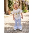 thumbnail image 6 of BemeyourBBs Toddler Baby Girl Back to School Outfit Kids Pre Kindergarten Outfits Little Baby Girl Summer Clothes Short Sleeve Ruffle Trim Bow Pencil Print T Shirt Tops Flared Pants Sets, 6 of 9