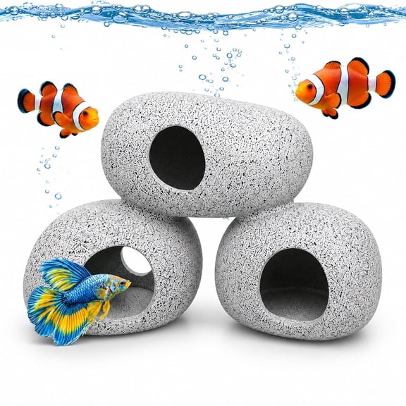 SLOCME Aquarium Rock Caves Decoration, 3-Stone Fish Tank Hideout, Resin Cave Shelter for Cichlids, Betta, Shrimp, Hermit Crabs, Grey