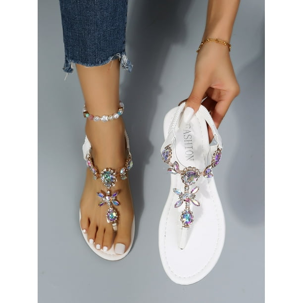 Outdoors T strap Flat Sandals for Women Rhinestone Decor Artificial Leather Toe Post Ankle Strap Sandals Walmart en linea