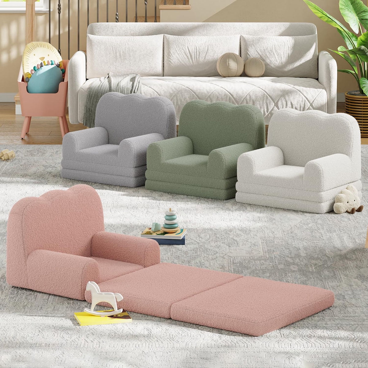 Soonbuy Kids Couch, 2-in-1 Convertible Teddy Fleece Fabric Toddler Sofa Chair, Soft Fold Out Couch Lounger for Kids, Comfy Children's Sofa Bed for Playroom, Nursery, Birthday Gift