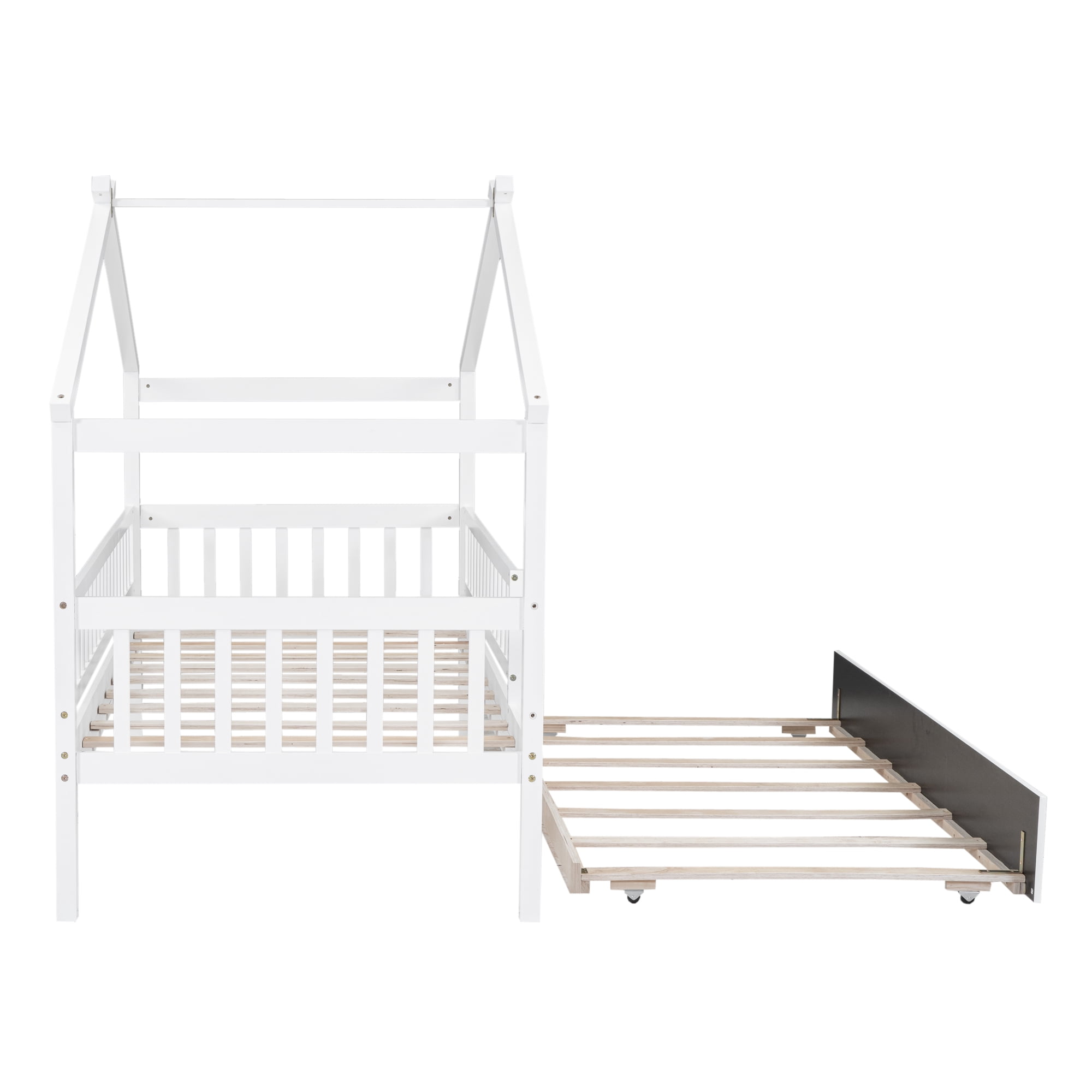 Gewnee Pine Wood Twin Size House Bed with Trundle and Roof for Kids,White