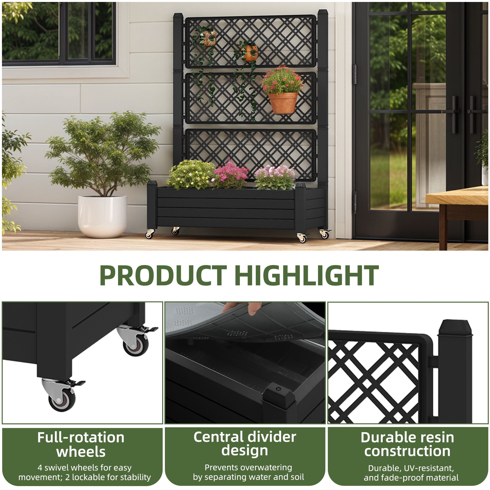 Uforic 3.6 x 1.5 x 5 FT Raised Garden Bed with Trellis, Large Outdoor Planter Box on Wheels for Patio, Black for Climbing Plants Vegetables