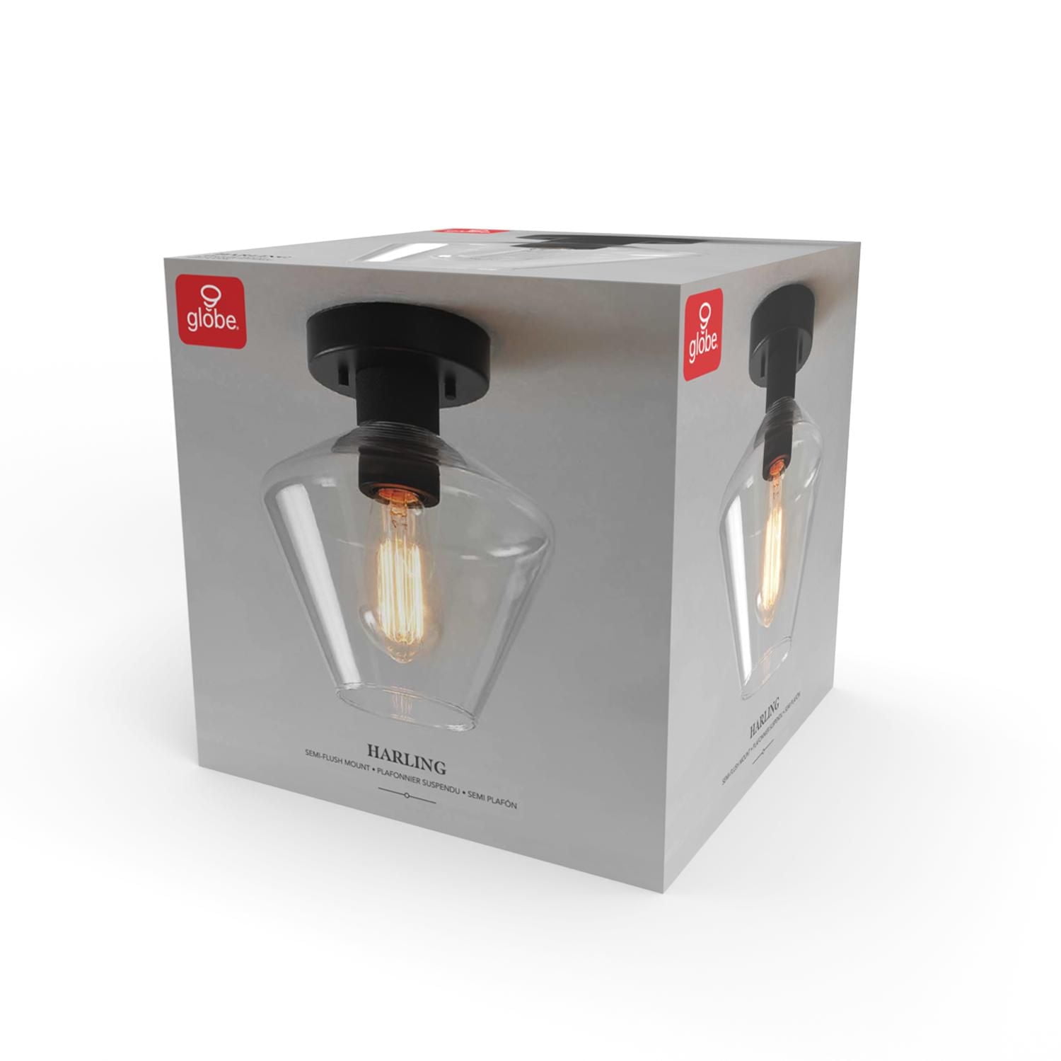 1-Light Matte Black Semi-Flush Mount Ceiling Light with Clear Glass Shade and Diamond Knurl Texture on Socket