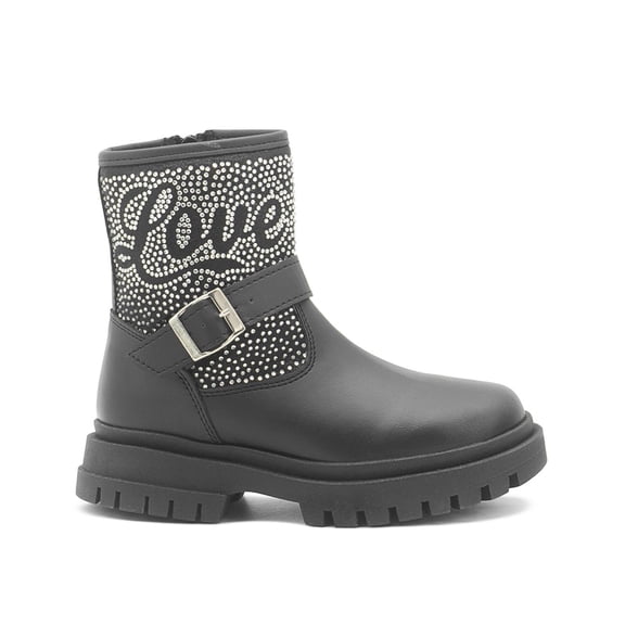 Botas Ninos Para Niña Pedrería Love Ajuste Hebilla Chunky negro 23