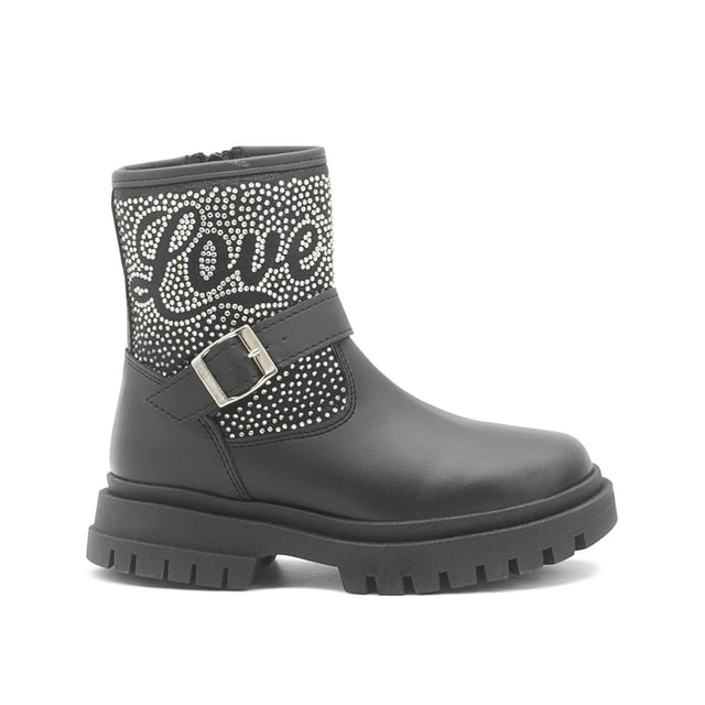 Botas Ninos Para Niña Pedrería Love Ajuste Hebilla Chunky negro 19