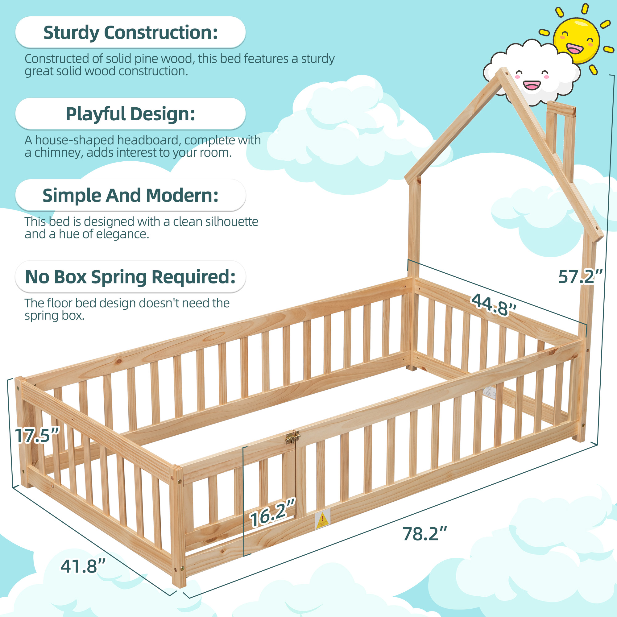 PORKISS Twin Size House Platform Bed for Kids with House-Shaped Headboard, Low Floor Bed with Guardrails Fence, Natural