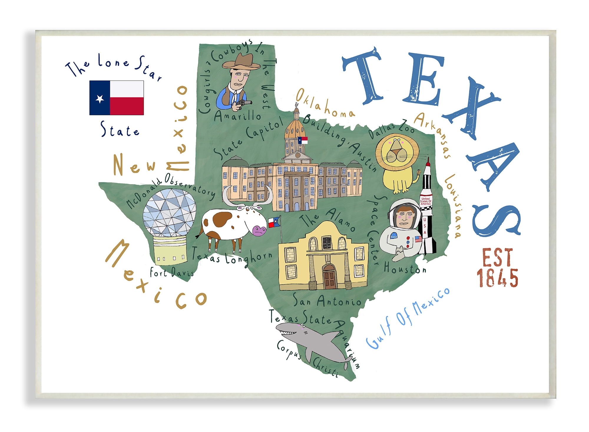 The Stupell Home Decor Texas Landmarks and Flag Illustrated Map Wall Plaque Art