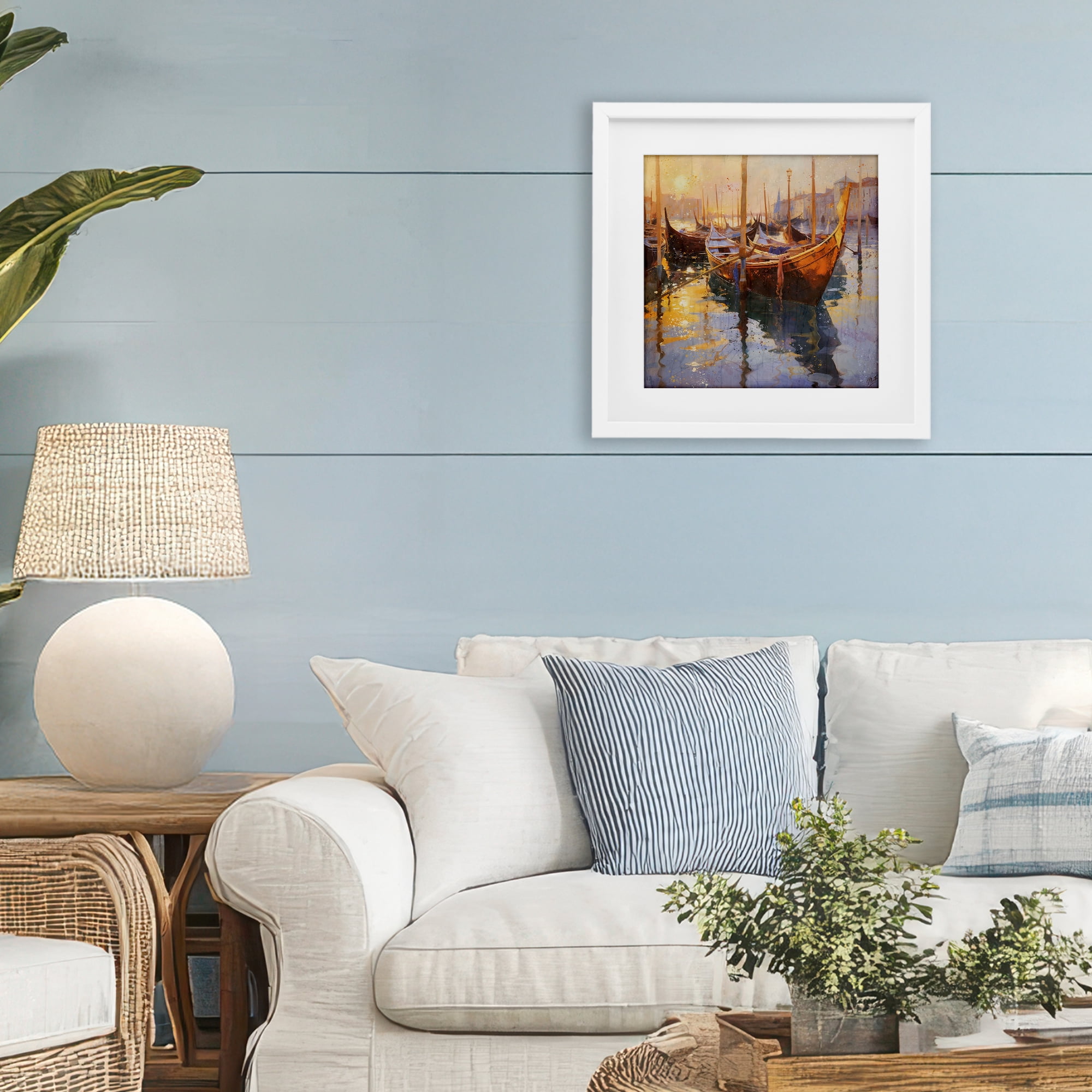Stupell Industries Venetian Gondolas in Golden Light White Framed Print Under Glass, design by Marta Wiley