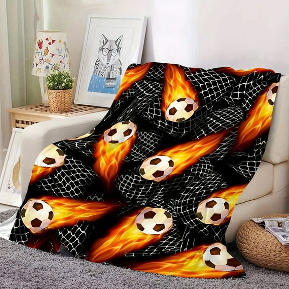 Contemporary Flannel Throw Blanket with Soccer Design Digital Print Knitted Craftsmanship Cozy & Warm with Machine Washable for Dorm Office Nap Bed Sofa Camping All-Season Gift