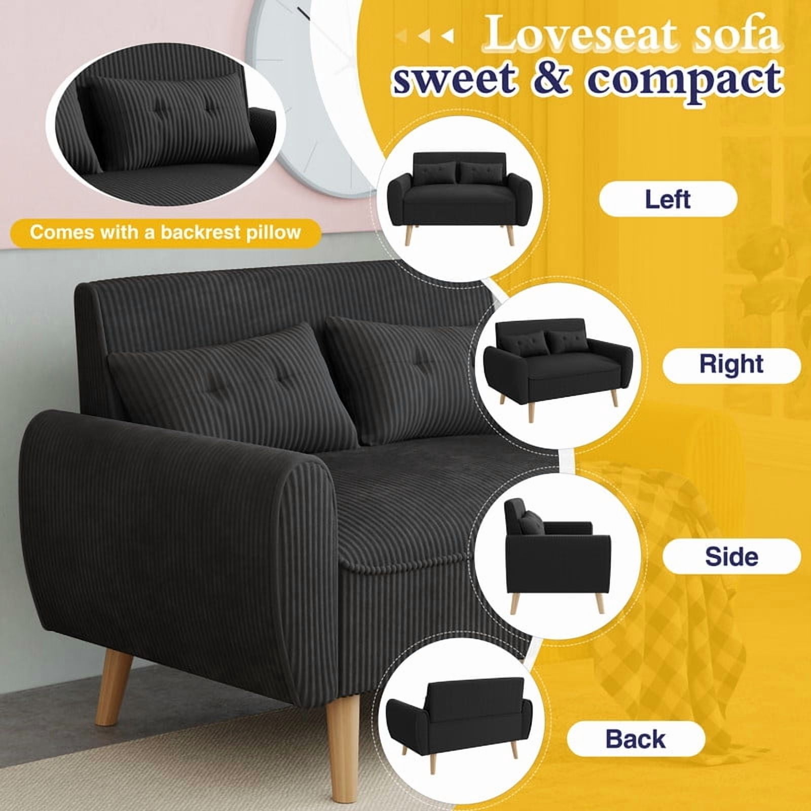 Sobaniilo 47" Small Modern Loveseat Sofa, Mid Century Linen Fabric 2-Seat Sofa Couch Tufted Love Seat with Back Cushions and Tapered Wood Legs for Living Room, Bedroom and Small Space (Black)