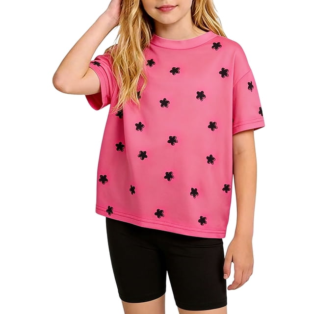 Childrens Summer Set for Girls, Floral Print Short Sleeve Top + Solid Color Shorts, Casual Sweet Style 2-Piece Outfit
