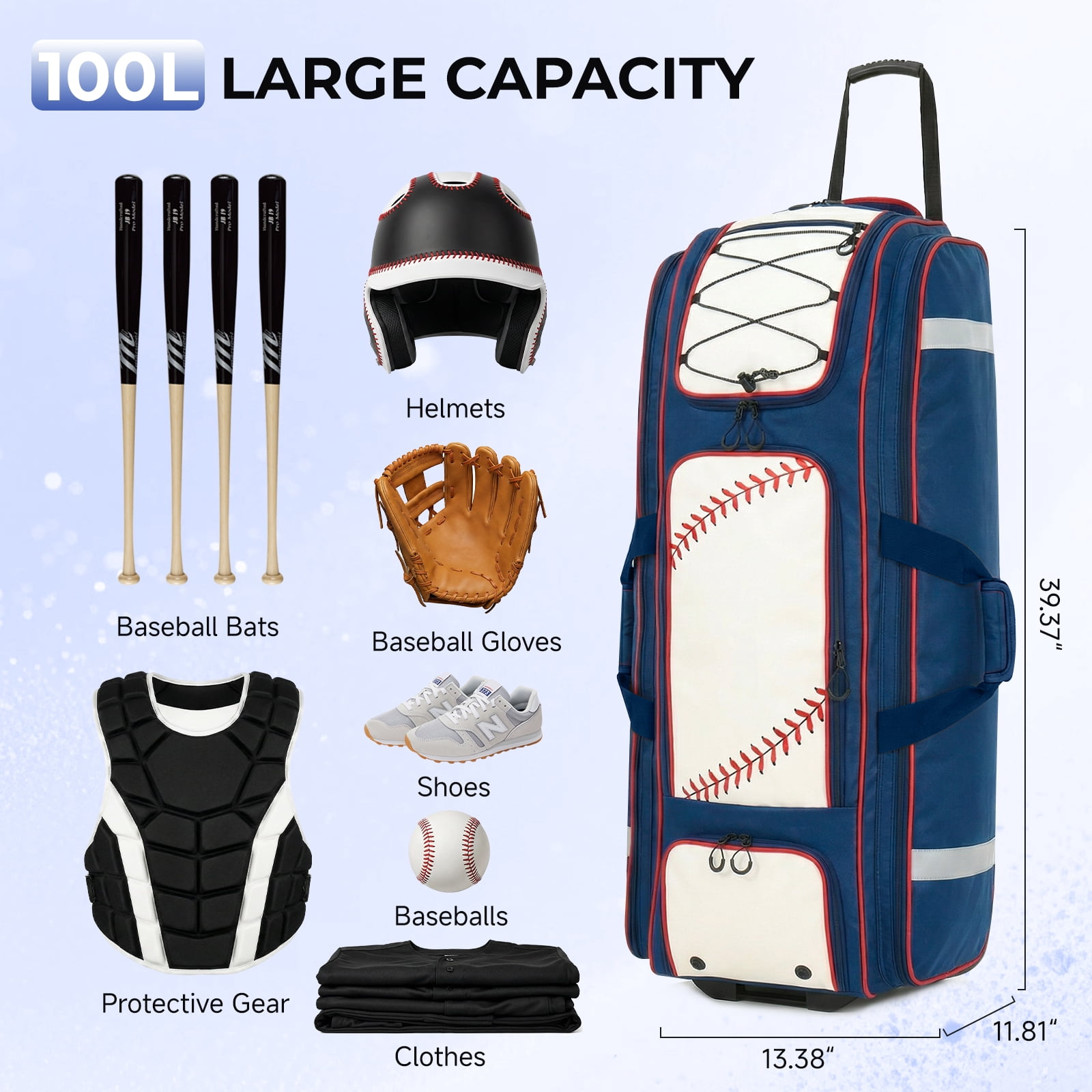 Fegat Rolling Baseball Bag, 100L Large Catcher Gear Bag Softball Bags with Wheels, Youth Equipment Bag Holds 8 Bats, Full Set, with Fence Hooks, Reflective Strip, Shoe Compartment