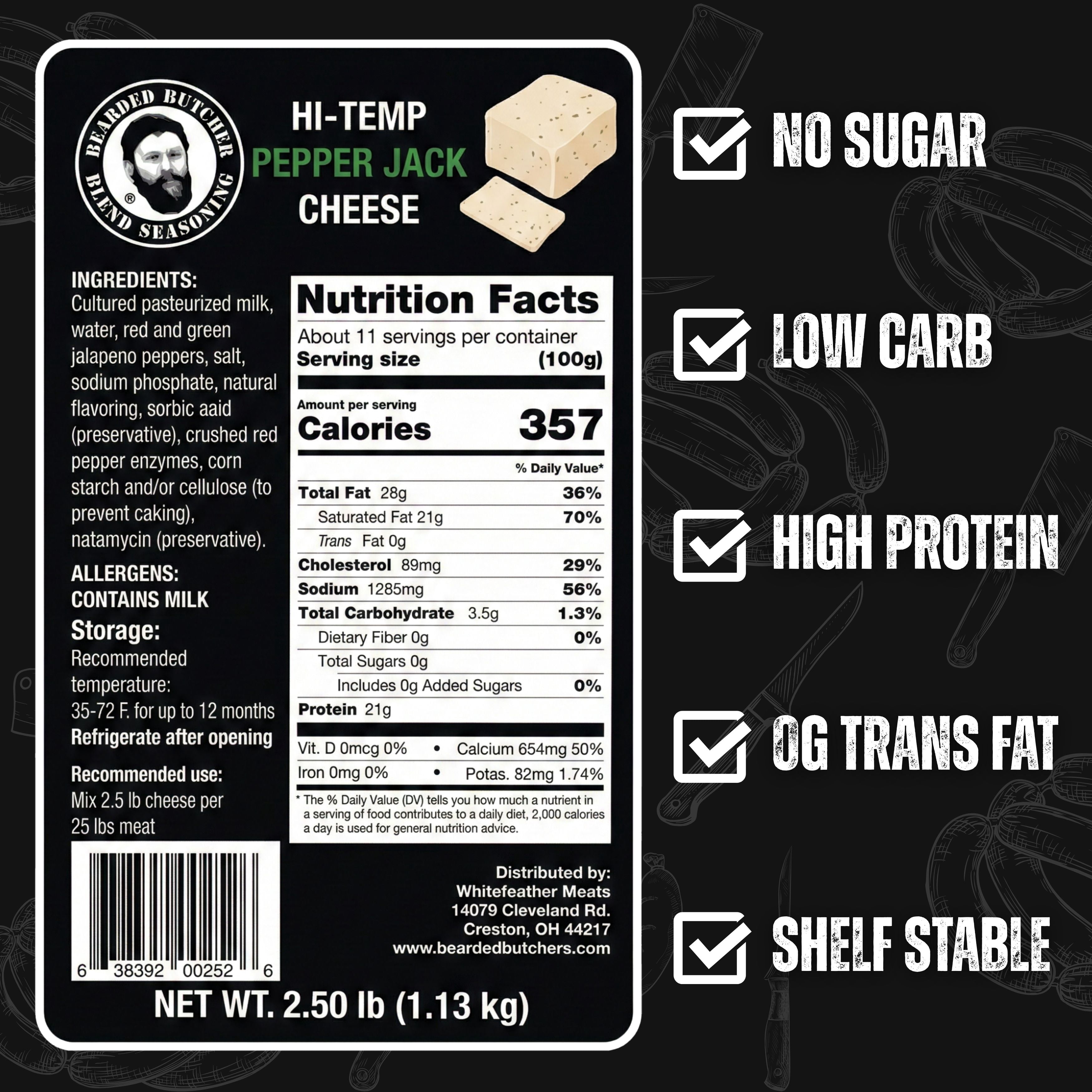 The Bearded Butchers High-Temp Pepper Jack Cheese 2.5 lb – 1/4" Cubes for Sausage, Brats & Burgers, Shelf-Stable