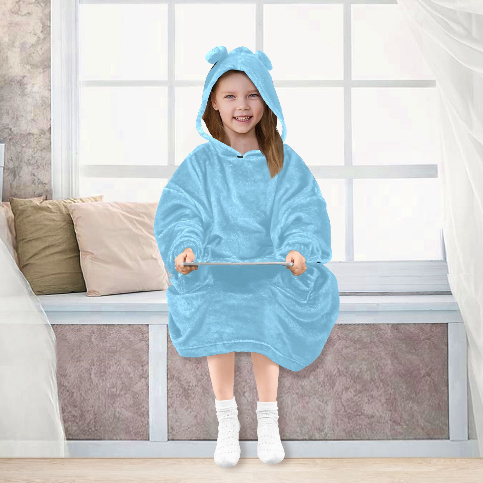 Blue Color Oversized Wearable Blanket Hoodie Sweatshirt Flannel for Unisex Girls Boys