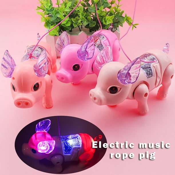 Electric Light Music Walking Pig Toy Luminous Cartoon Pink Pig with Leash for Kids Children Girls