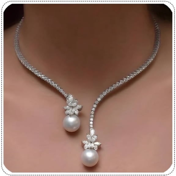 Designice Fringe Round Rhinestone Choker Necklace Silver Crystal Trendy Faux Pearl Necklaces For Women Costume Jewelry