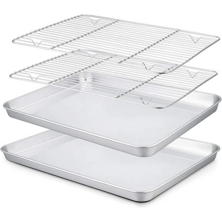 

Baking Sheet with Rack Set [2 Sheets + 2 Racks] Stainless Steel Cookie Pan baking Tray with Cooling Rack Size 10 x 8 x 1 Inch Non Toxic & Heavy Duty & Easy Clean