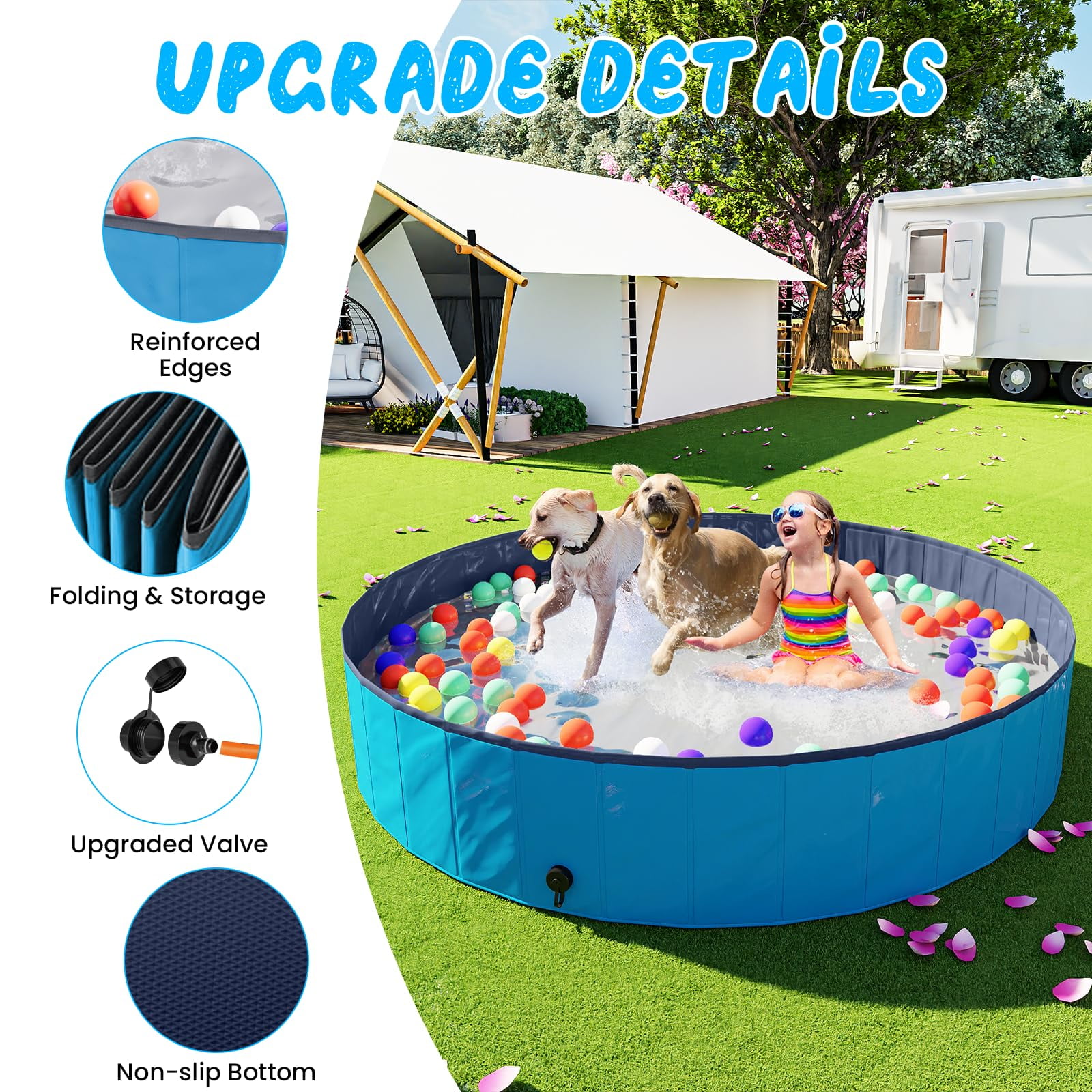 Baxluxe Foldable Portable Kid Pool for Kids and Pets, Outdoor Kiddie Pool with Hard Plastic, Portable Non-Slip Dog Bath Tub, Collapsible Dog Swimming Pool for Kids (Blueness, 63" x 12")