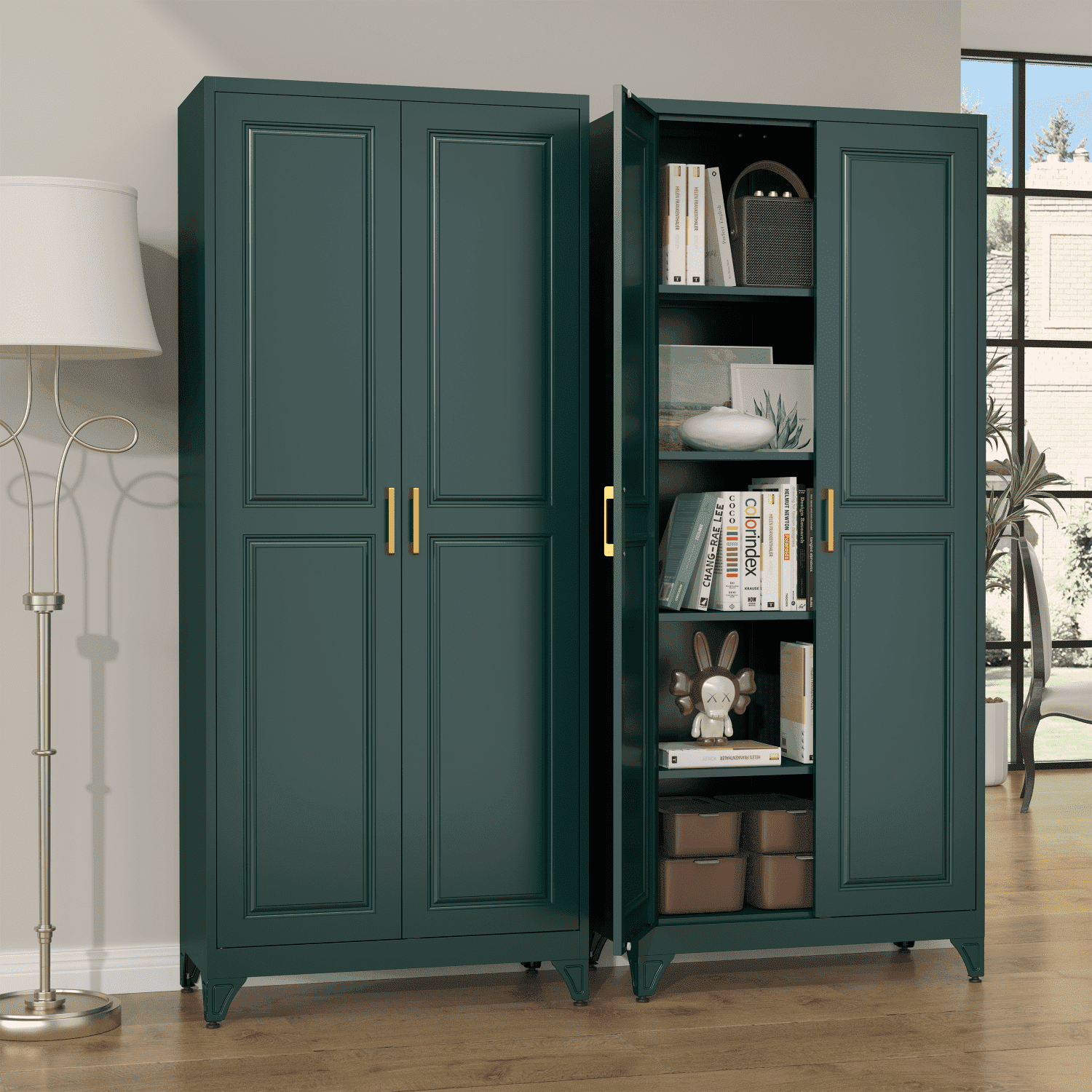 Polup 75" Height Metal Green Storage Cabinet, Modern Tall Steel Pantry Cupboard with 2 Doors and Adjustable Shelves for Kitchen Garage and Home