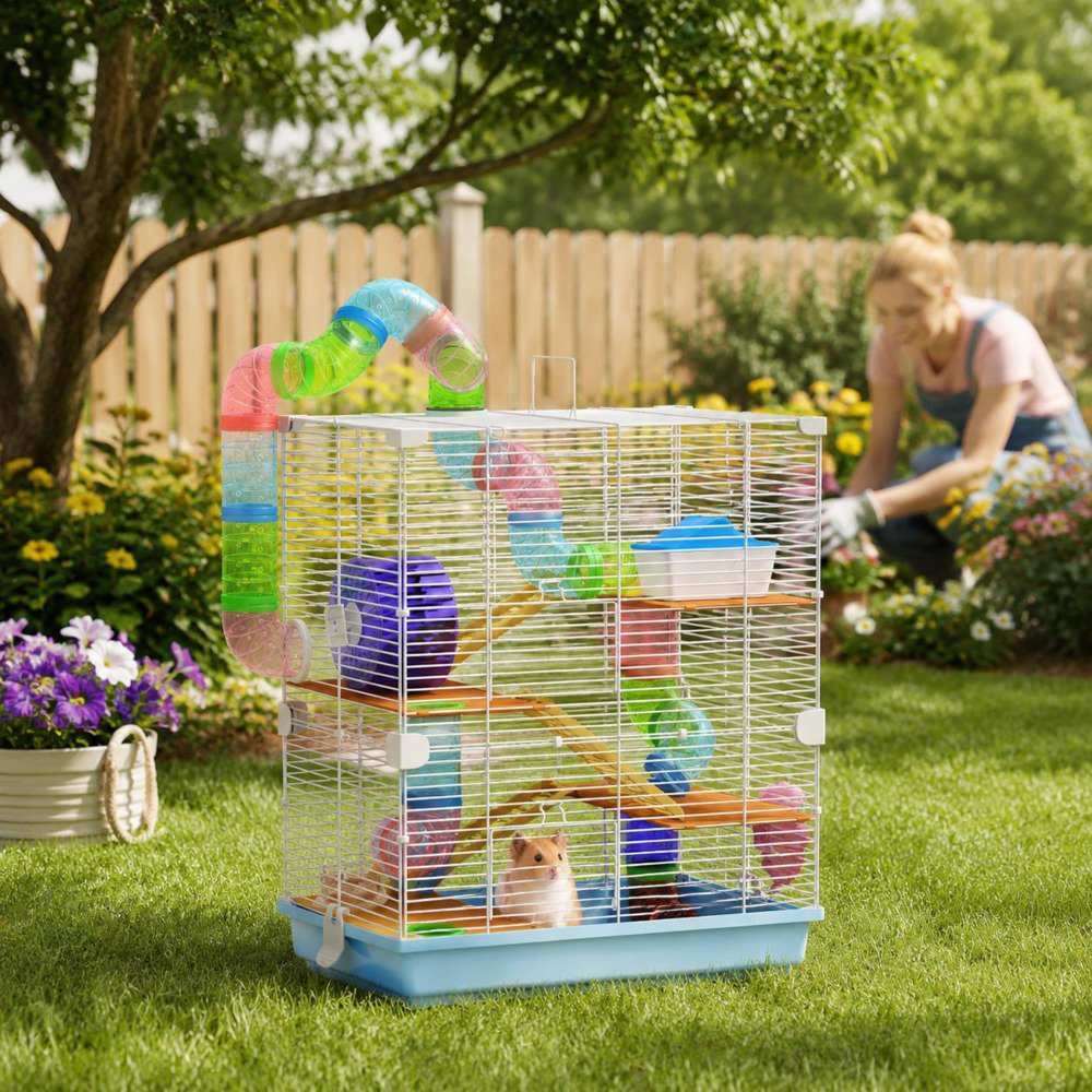 Hamster Cage, Pawhut 5-Tier Small Animal Habitat with Tubes, Tunnels, Exercise Wheel, Water Bottle, Food Dish, Carry Handle, Light Blue