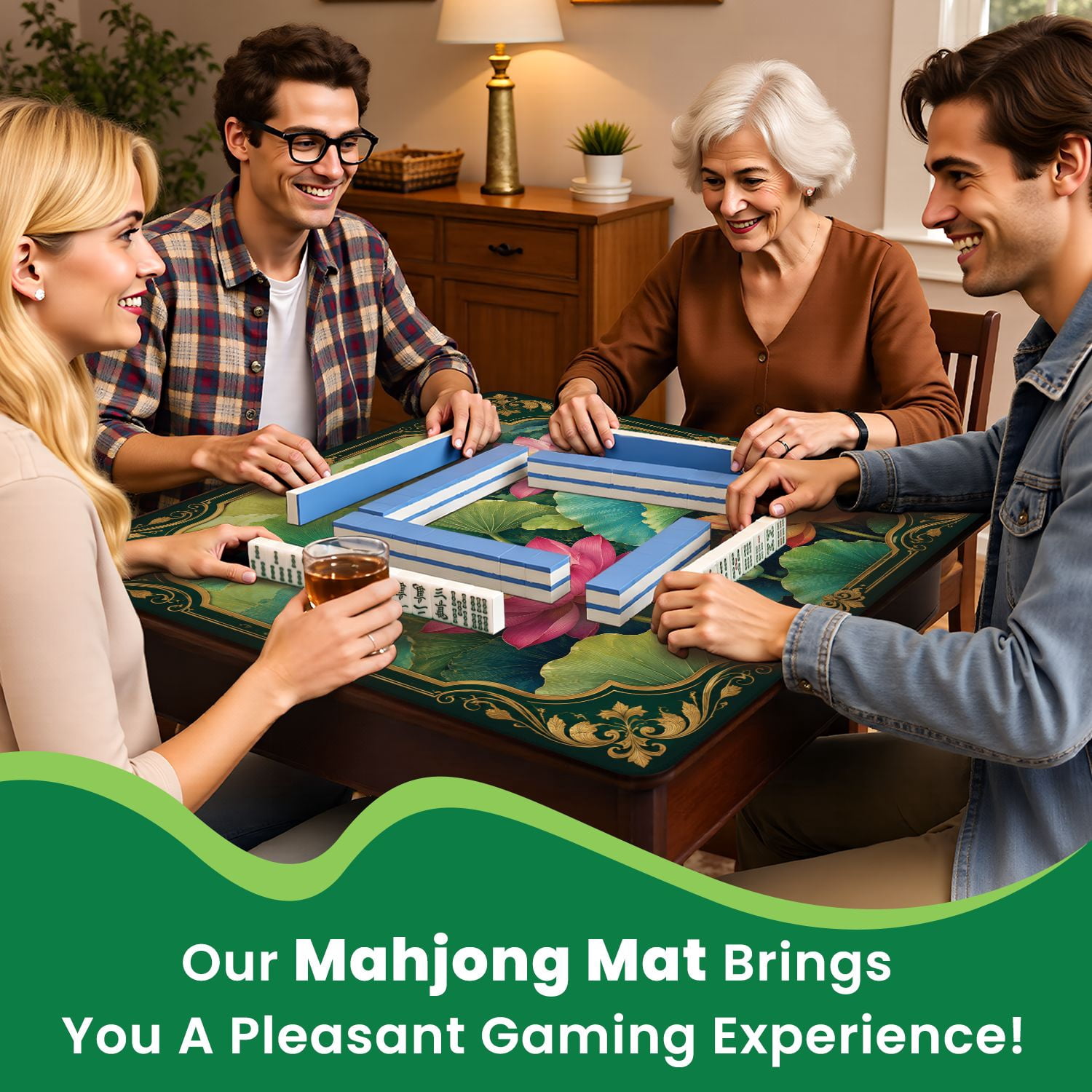 Mahjong Mat 31.5" x 31.5" Greenery Vibrant Blossoms Intricate Ginkgo Lotus Flowers Non-Slip Noise Reduction Chic Portable Gaming Table Cover for Family Game Night & Gift