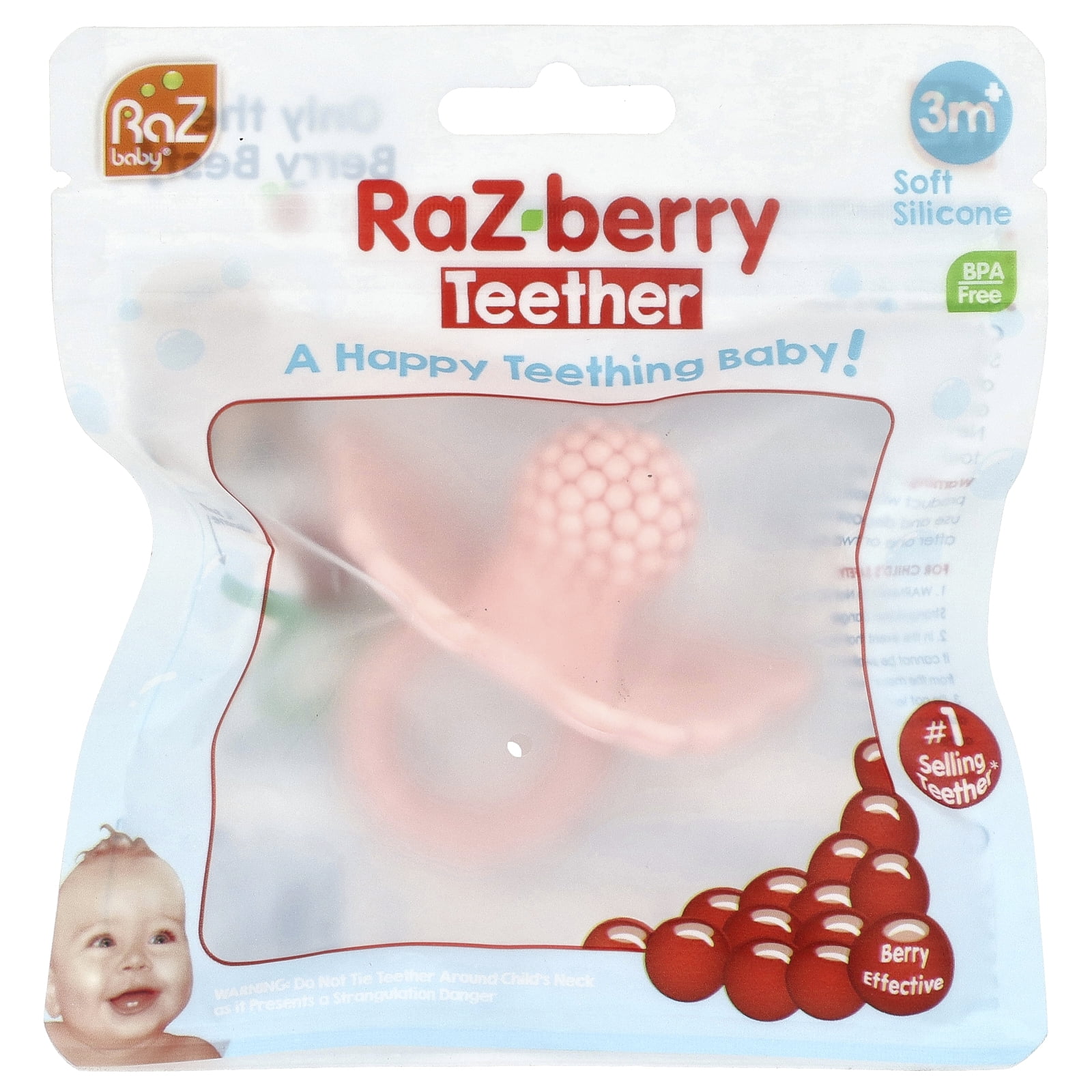RaZbaby RaZberry Teether - Soothes Sore Gums, Soft Silicone, BPA Free, Easy-to-Hold - Pink