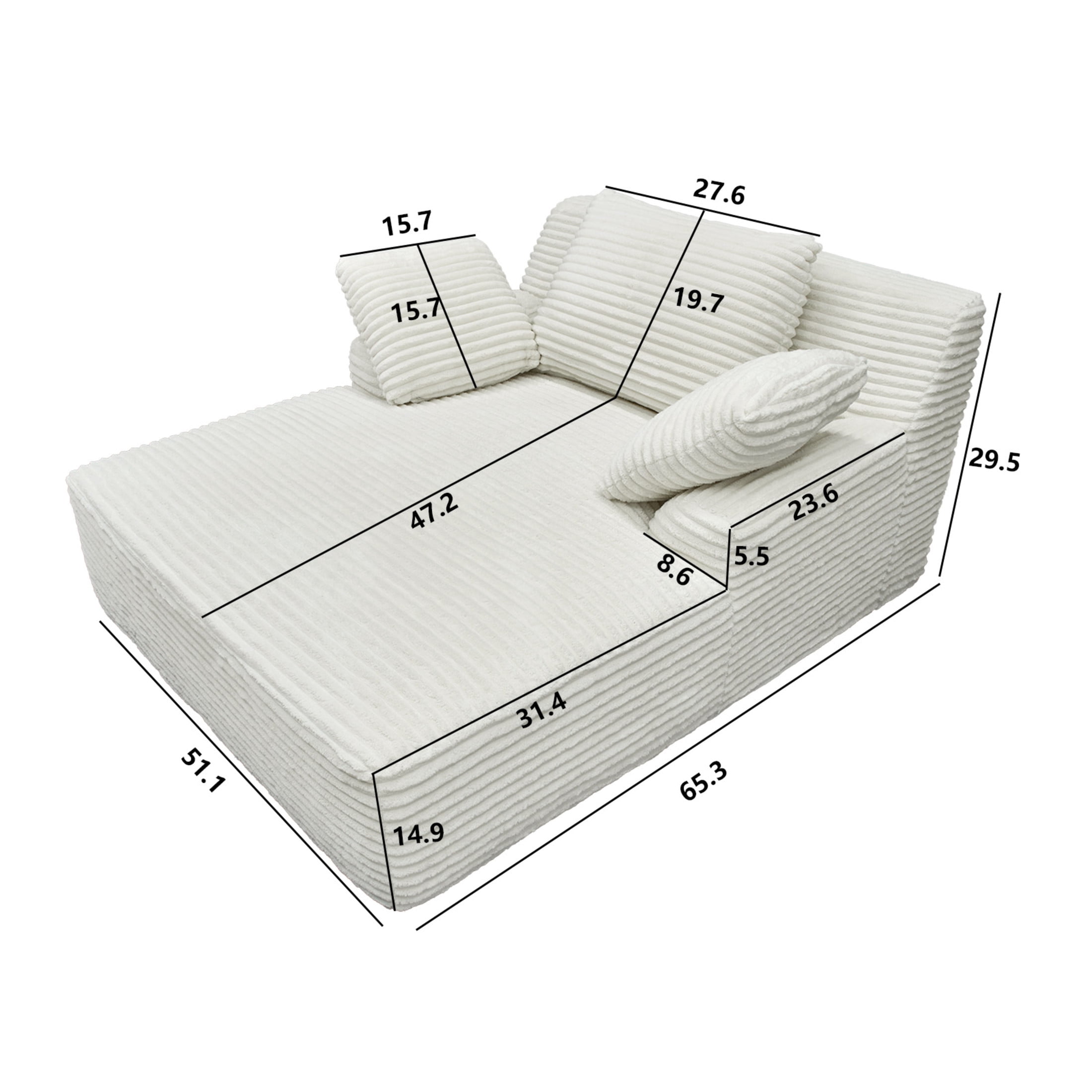 Noble House Salem 51" Oversized Chaise Lounge Chair, Plush Corduroy Sleeper Couch, Reading Chair for Living Room, White
